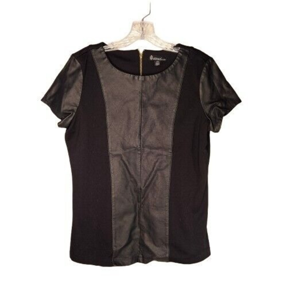 Signature Studio Black Faux Leather Panel Short Sleeve Top Med Edgy Goth Biker
